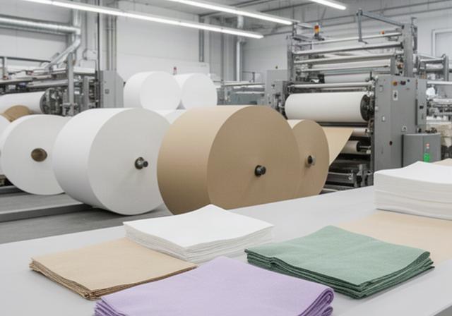 Paper napkin production rolls and folded samples in a bright Tay, Ontario facility