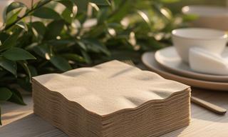 Unbleached kraft-finish napkins stacked beside greenery at an outdoor event