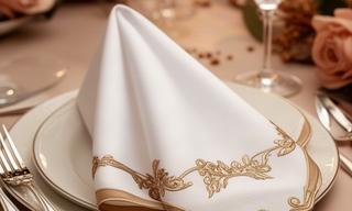 Soft white three-ply napkin with a gold foil detail on a dinner table
