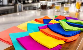 Bright cocktail napkins in several vivid colours on a café counter